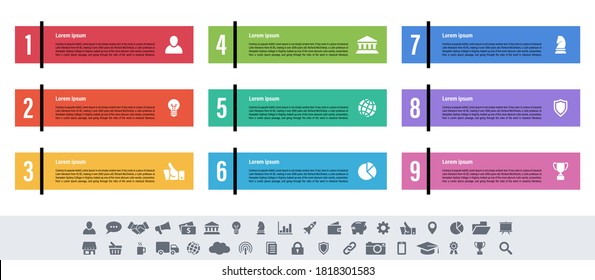 Diseño infográfico concepto de negocio ilustración vectorial con 9 pasos o opciones o procesos que representan flujo de trabajo o diagrama o banner de botón web