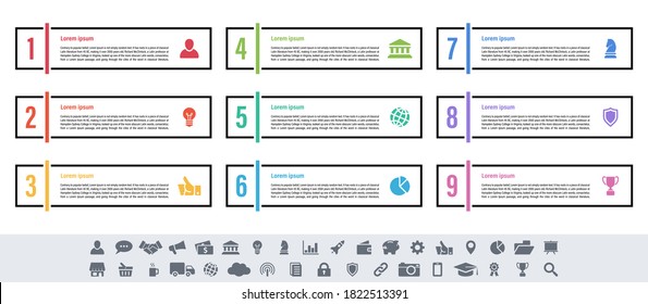 Infographic design business concept vector illustration with 9 steps or options or processes represent work flow or diagram or web button banner