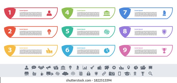 Diseño infográfico concepto de negocio ilustración vectorial con 9 pasos o opciones o procesos que representan flujo de trabajo o diagrama o banner de botón web