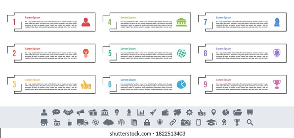 Diseño infográfico concepto de negocio ilustración vectorial con 9 pasos o opciones o procesos que representan flujo de trabajo o diagrama o banner de botón web
