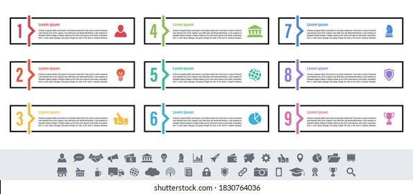 Infographic design business concept vector illustration with 9 steps or options or processes represent work flow or diagram or web button banner
