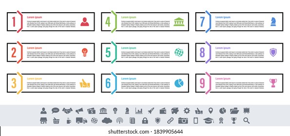 Infographic design business concept vector illustration with 9 steps or options or processes represent work flow or diagram or web button banner