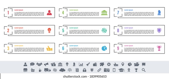 Infografik-Geschäftskonzept Vektorgrafik mit 9 Schritten oder Optionen oder Prozessen repräsentiert Arbeitsfluss oder Diagramm oder Web-Button-Banner