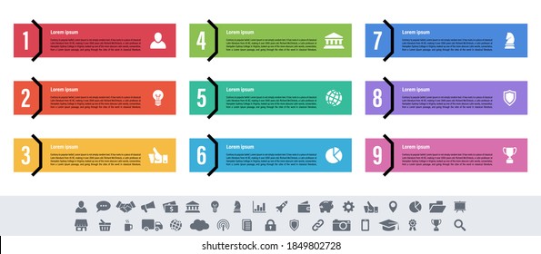 Infographic design business concept vector illustration with 9 steps or options or processes represent work flow or diagram or web button banner
