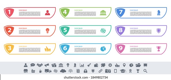 Diseño infográfico concepto de negocio ilustración vectorial con 9 pasos o opciones o procesos que representan flujo de trabajo o diagrama o banner de botón web