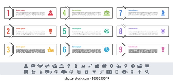 Infografik-Geschäftskonzept Vektorgrafik mit 9 Schritten oder Optionen oder Prozessen repräsentiert Arbeitsfluss oder Diagramm oder Web-Button-Banner