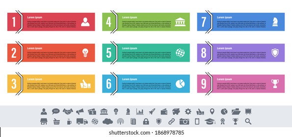 Diseño infográfico concepto de negocio ilustración vectorial con 9 pasos o opciones o procesos que representan flujo de trabajo o diagrama o banner de botón web