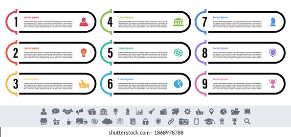 Diseño infográfico concepto de negocio ilustración vectorial con 9 pasos o opciones o procesos que representan flujo de trabajo o diagrama o banner de botón web