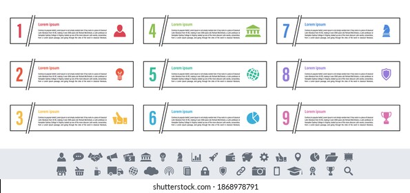 Diseño infográfico concepto de negocio ilustración vectorial con 9 pasos o opciones o procesos que representan flujo de trabajo o diagrama o banner de botón web