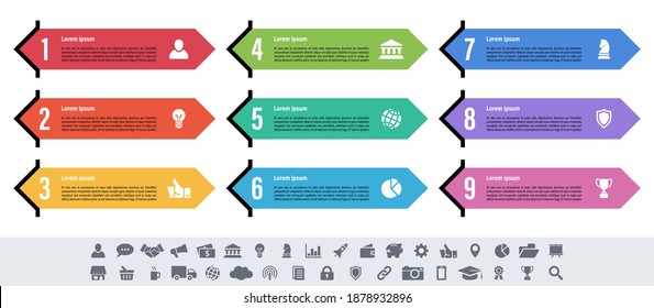 Infographic design business concept vector illustration with 9 steps or options or processes represent work flow or diagram or web button banner