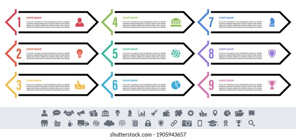 Diseño infográfico concepto de negocio ilustración vectorial con 9 pasos o opciones o procesos que representan flujo de trabajo o diagrama o banner de botón web