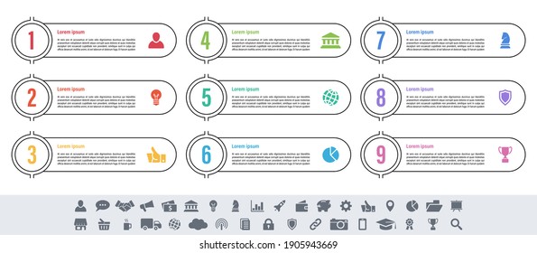 Infografik-Geschäftskonzept Vektorgrafik mit 9 Schritten oder Optionen oder Prozessen repräsentiert Arbeitsfluss oder Diagramm oder Web-Button-Banner
