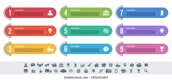 Infographic design business concept vector illustration with 9 steps or options or processes represent work flow or diagram or web button banner