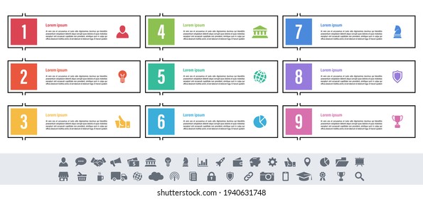 Infographic design business concept vector illustration with 9 steps or options or processes represent work flow or diagram or web button banner