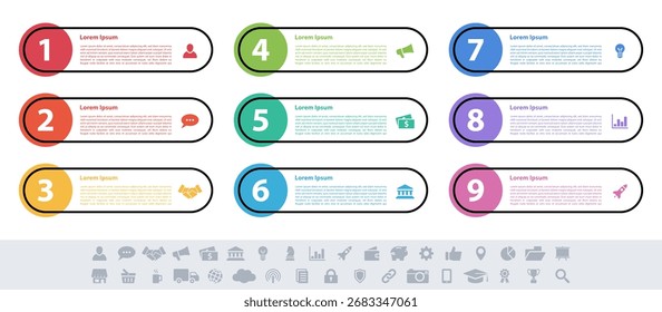 Infografik-Design Geschäftskonzept Vektorgrafik mit 9 Schritten oder Optionen oder Prozesse repräsentieren Arbeitsablauf oder Diagramm