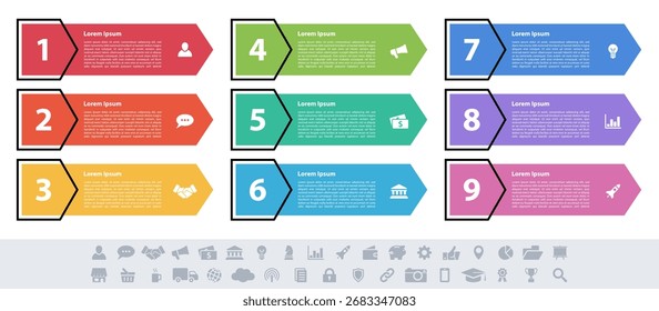 Infographic design business concept vector illustration with 9 steps or options or processes represent work flow or diagram