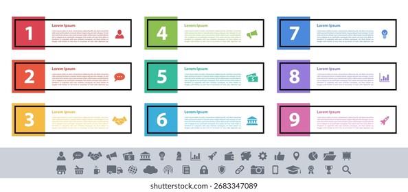 Infografik-Design Geschäftskonzept Vektorgrafik mit 9 Schritten oder Optionen oder Prozesse repräsentieren Arbeitsablauf oder Diagramm