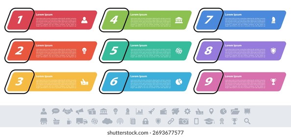 Infographic design business concept vector illustration with 9 steps or options or processes represent work flow or diagram or web button banner