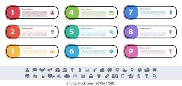 Infographic design business concept vector illustration with 9 steps or options or processes represent work flow or diagram or web button banner