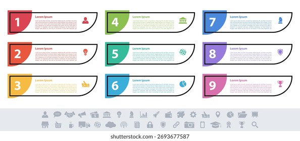 Ilustração do vetor do conceito do negócio do projeto infográfico com 9 etapas ou opções ou processos representam o fluxo de trabalho ou o diagrama ou o banner do botão da Web