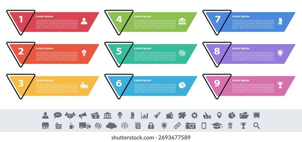 Infographic design business concept vector illustration with 9 steps or options or processes represent work flow or diagram or web button banner