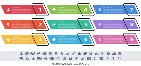 Infographic design business concept vector illustration with 9 steps or options or processes represent work flow or diagram or web button banner