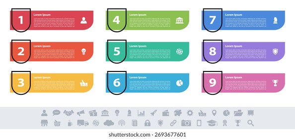 Ilustración vectorial de concepto de negocio de diseño infográfico con 9 pasos u opciones o procesos que representan el flujo de trabajo o el diagrama o el Anuncio de Botón de Web