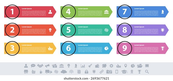 Infografik-Design Geschäftskonzept Vektorgrafik mit 9 Schritten oder Optionen oder Prozesse repräsentieren Arbeitsablauf oder Diagramm oder Web-Button-Banner