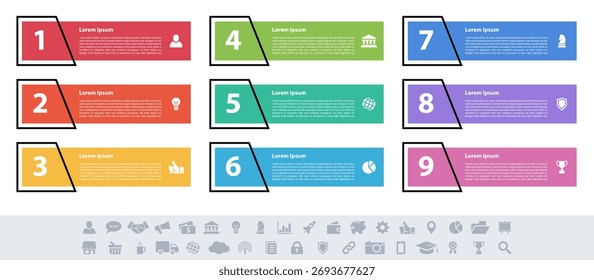 Infographic design business concept vector illustration with 9 steps or options or processes represent work flow or diagram or web button banner