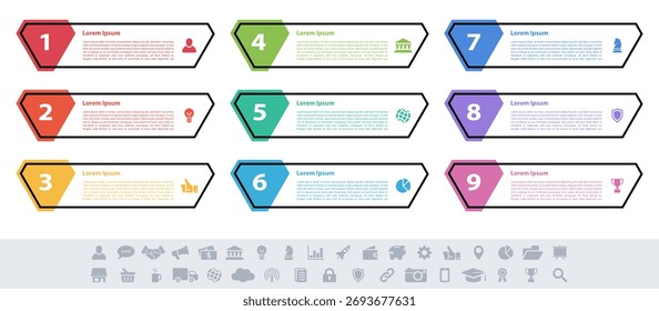 Infografik-Design Geschäftskonzept Vektorgrafik mit 9 Schritten oder Optionen oder Prozesse repräsentieren Arbeitsablauf oder Diagramm oder Web-Button-Banner
