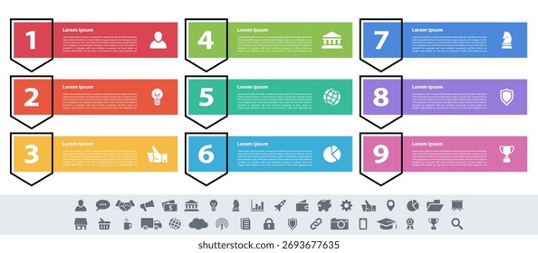 Infografik-Design Geschäftskonzept Vektorgrafik mit 9 Schritten oder Optionen oder Prozesse repräsentieren Arbeitsablauf oder Diagramm oder Web-Button-Banner