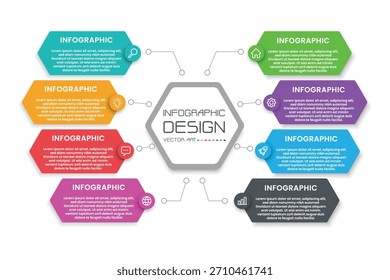 Diseño de infografía para presentaciones de negocios. Forma hexagonal con ocho pasos para visualizar datos. Se utiliza para el flujo de trabajo, el diagrama de procesos y la gestión de proyectos.