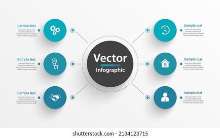 Plantilla de negocio de diseño infográfico con 6 opciones, pasos. Se puede utilizar para diseño de flujo de trabajo, diagrama, informe anual, diseño web 