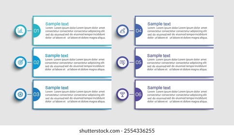 Infographic design business template with 6 options, steps. Can be used for workflow layout, diagram, annual report, web design	
