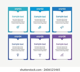 Infographic design business template with 6 options or steps. Can be used for workflow layout, diagram, annual report, web design