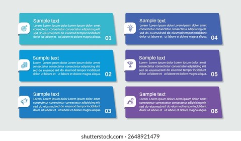  Infographic design business template with 6 options, steps. Can be used for workflow layout, diagram, annual report, web design
