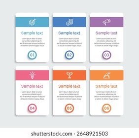  Infographic design business template with 6 options, steps. Can be used for workflow layout, diagram, annual report, web design