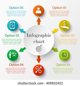 Infographic design chart. Vector circle elements for infographic. Template for cycle diagram, graph and presentation. Business concept with 6 options, parts, steps or processes. Abstract background.
