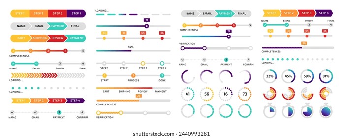 Infographic design. Circle and line processing charts. Sequence steps. Loading diagram with percent numbers. Business presentation. Statistic scheme. Vector progressive data indicator elements set
