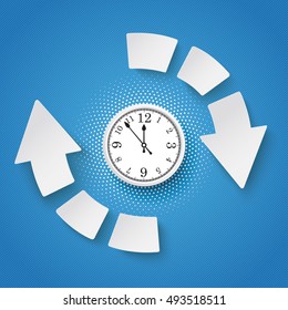 Infographic design with clock and arrows on the blue background. Eps 10 vector file.