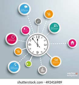 Infographic design with clock and circles on the gray background. Eps 10 vector file.