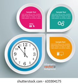 Design infográfico com relógio e marcadores no fundo cinza. Arquivo de vetor Eps 10.