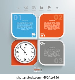 Infographic design with clock and round quadrates on the gray background. Eps 10 vector file.