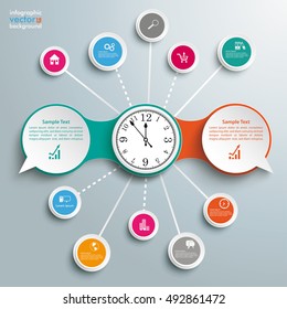 Infographic design with clock, speech bubbles and circles on the gray background. Eps 10 vector file.