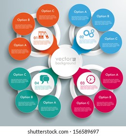 Infographic design with colored and white circles on the grey background. Eps 10 vector file.