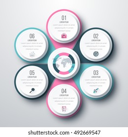Infographic design with colored and white circles on the grey background. Eps 10 vector file.