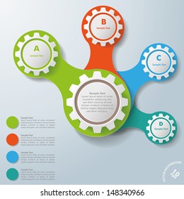 Infographic design with colored and white gears on the grey background. Eps 10 vector file.