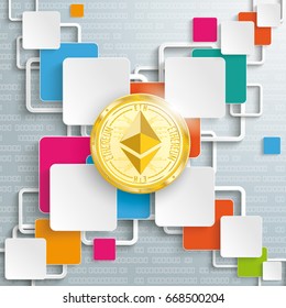 Infographic design with colorful squares and golden ethereum coin on the gray background. Eps 10 vector file.