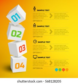 Infographic design concept with 3d cubes text line icons and four options on orange background vector illustration