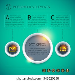 Infographic design concept with circles glowing effects text icons three options on green background isolated vector illustration